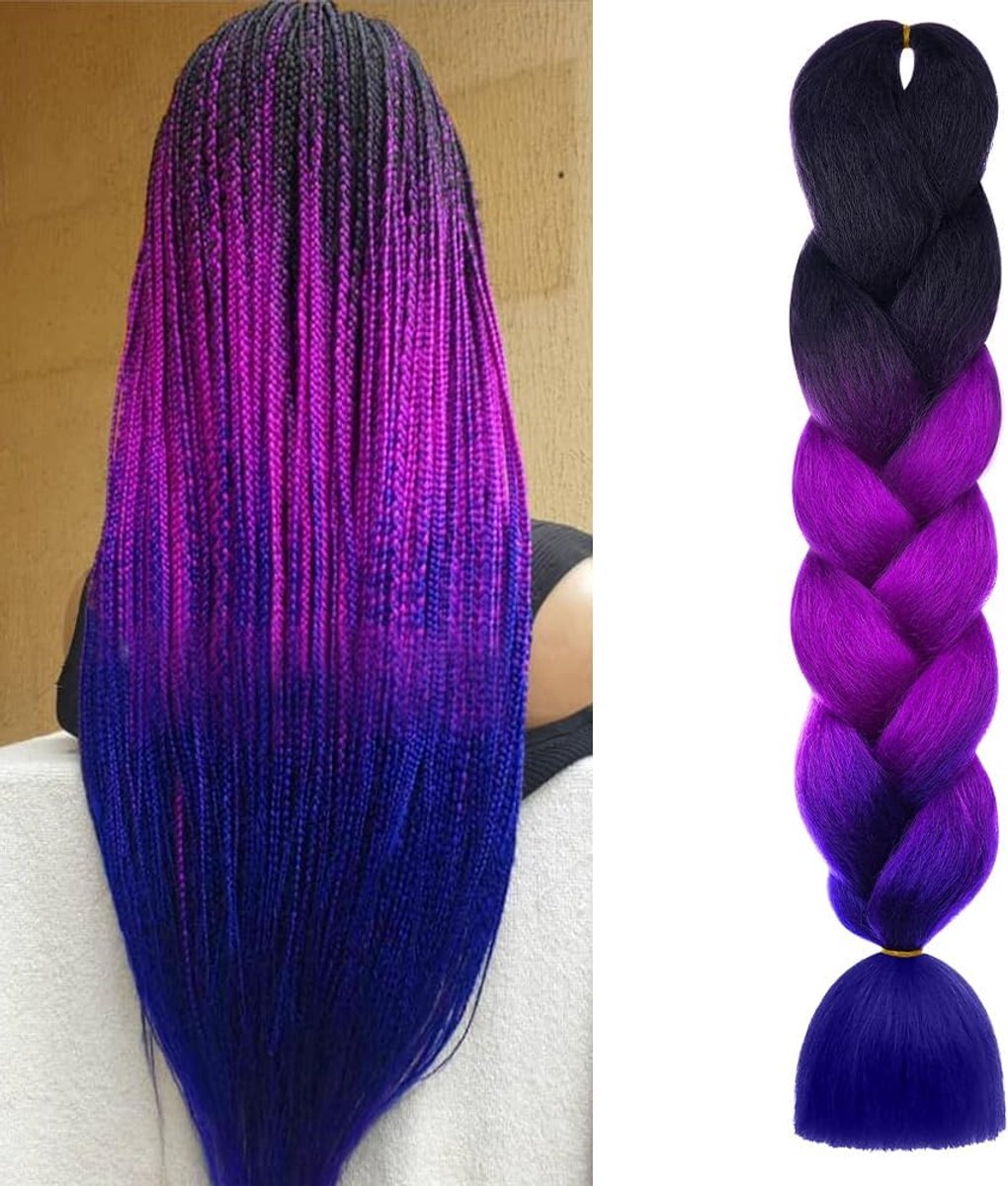 Synthetische Pruik 3Pc Ombre Jumbo Vlecht Haarverlenging voor Vrouwen (1pc-Zwart-Paars Rood-Saffier Blauw) Mode Twist Vlechten Haar Extensions | Haarverlenging voor vlechten, jumbo-vlechten, 65 cm, synthetische vezel haarverlenging