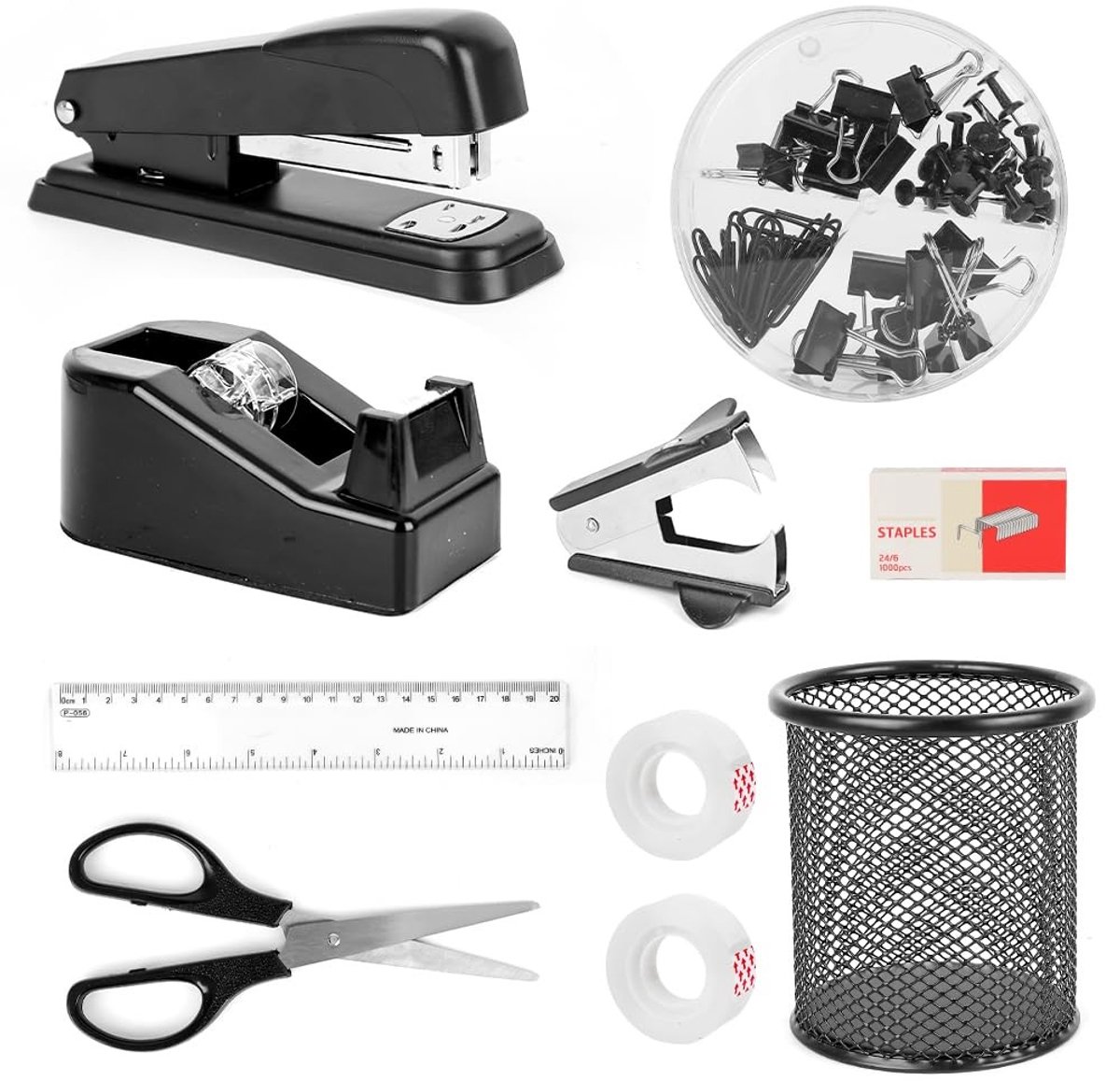 Omgoods - Zwart Kantooraccessoires Set met Nietmachine en Plakbandhouder