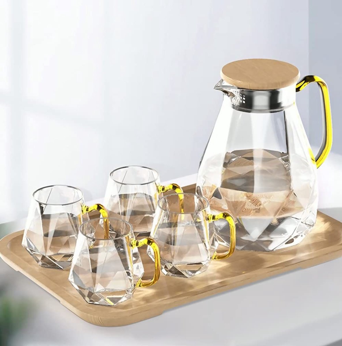 Omgoods 2L Glazen Waterkan met 4 Bekers en Bamboe Deksel