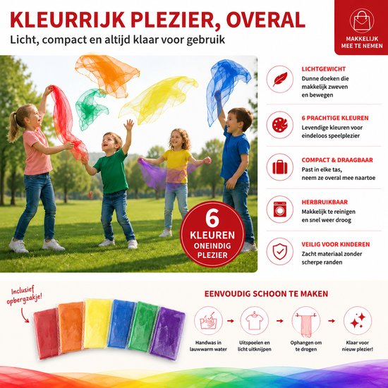 Kinderen spelen buiten met kleurrijke sjaals in rood, oranje, geel, paars, blauw en groen. Makkelijk mee te nemen, 6 prachtige kleuren, compact en draagbaar, herbruikbaar.