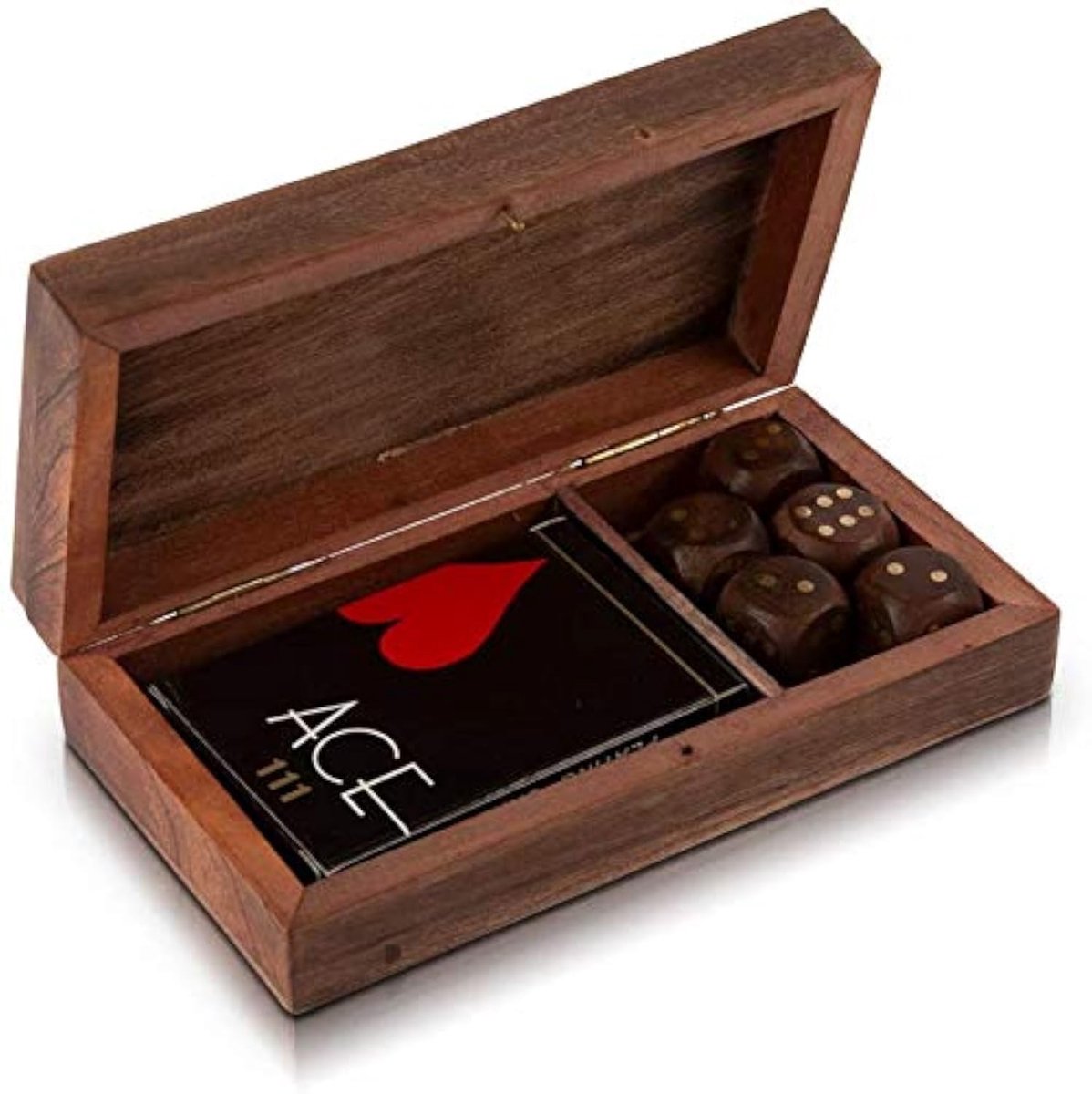 Omgoods - Handgemaakte Houten Speelkaartenhouder met Dice en Premium 'Ace' Speelkaarten