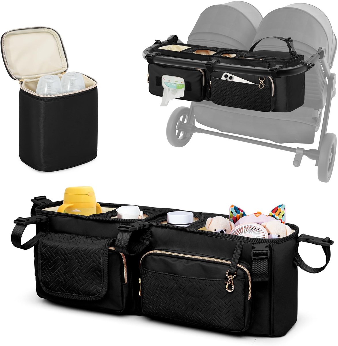 Omgoods - Universele Organizer voor Dubbele Kinderwagen met Koeltas