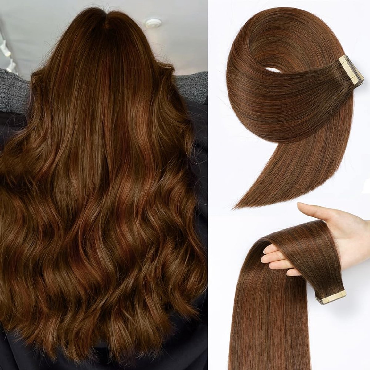 Omgoods - Tape Hair Extensions - Echte Haar, 20 Stuks, 50 cm, Chocoladebruin met Donkerrood-Bruin