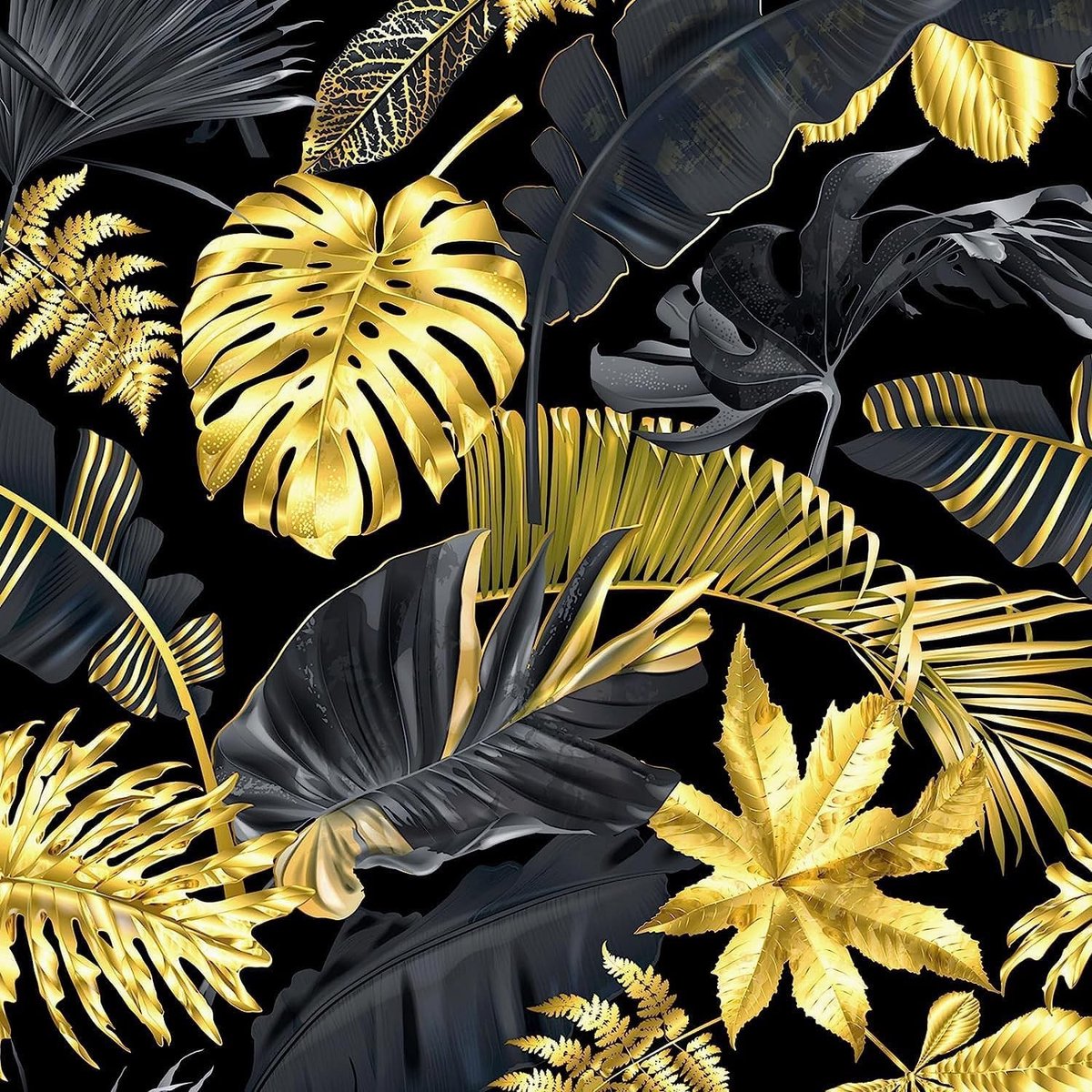 Omgoods - Zelfklevend Behang met Zwart en Goud Tropisch Patroon