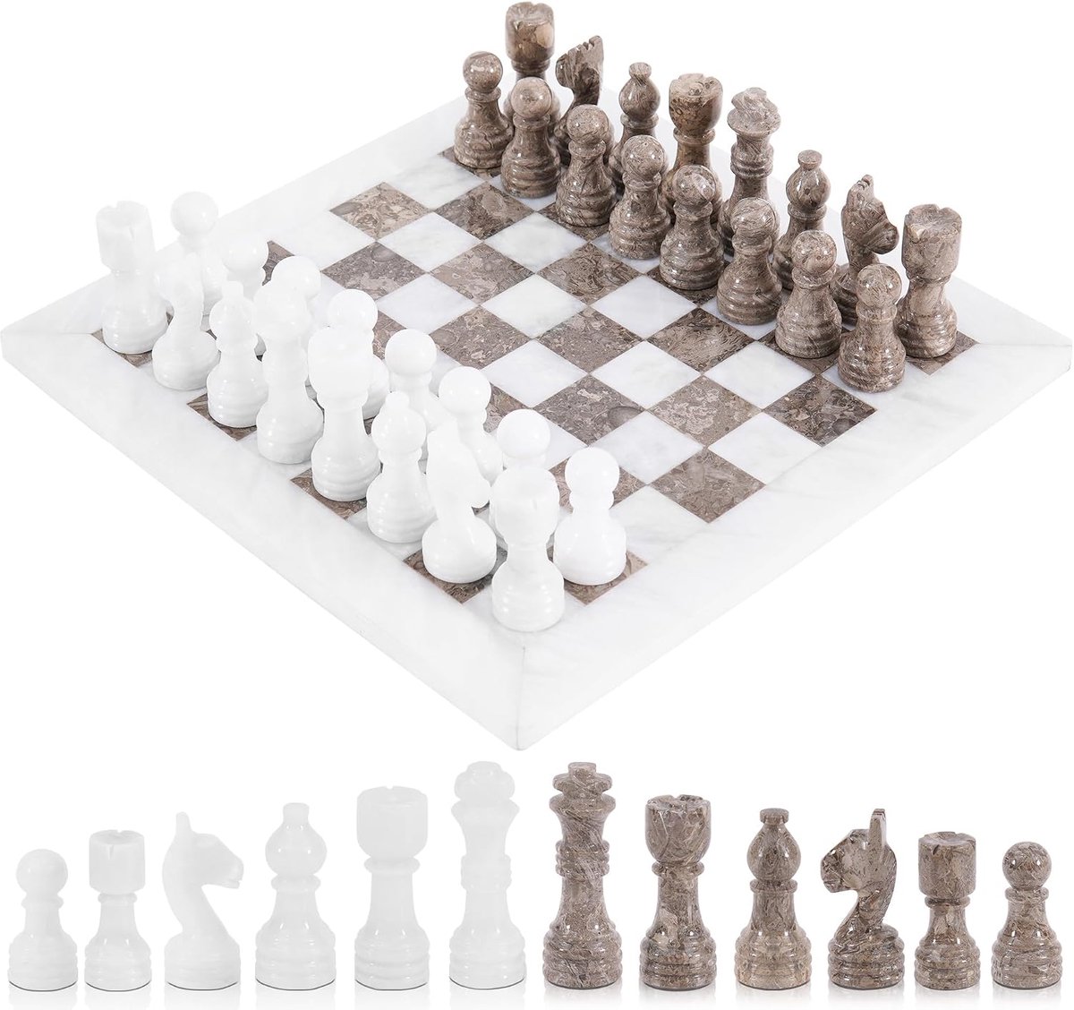 Marmeren schaakset 30 cm wit en grijs oceanisch handgemaakt luxe bordspel voor volwassenen, klassiek stenen schaakbord en -stukken, premium familiespel nachtcadeau voor huisdecoratie