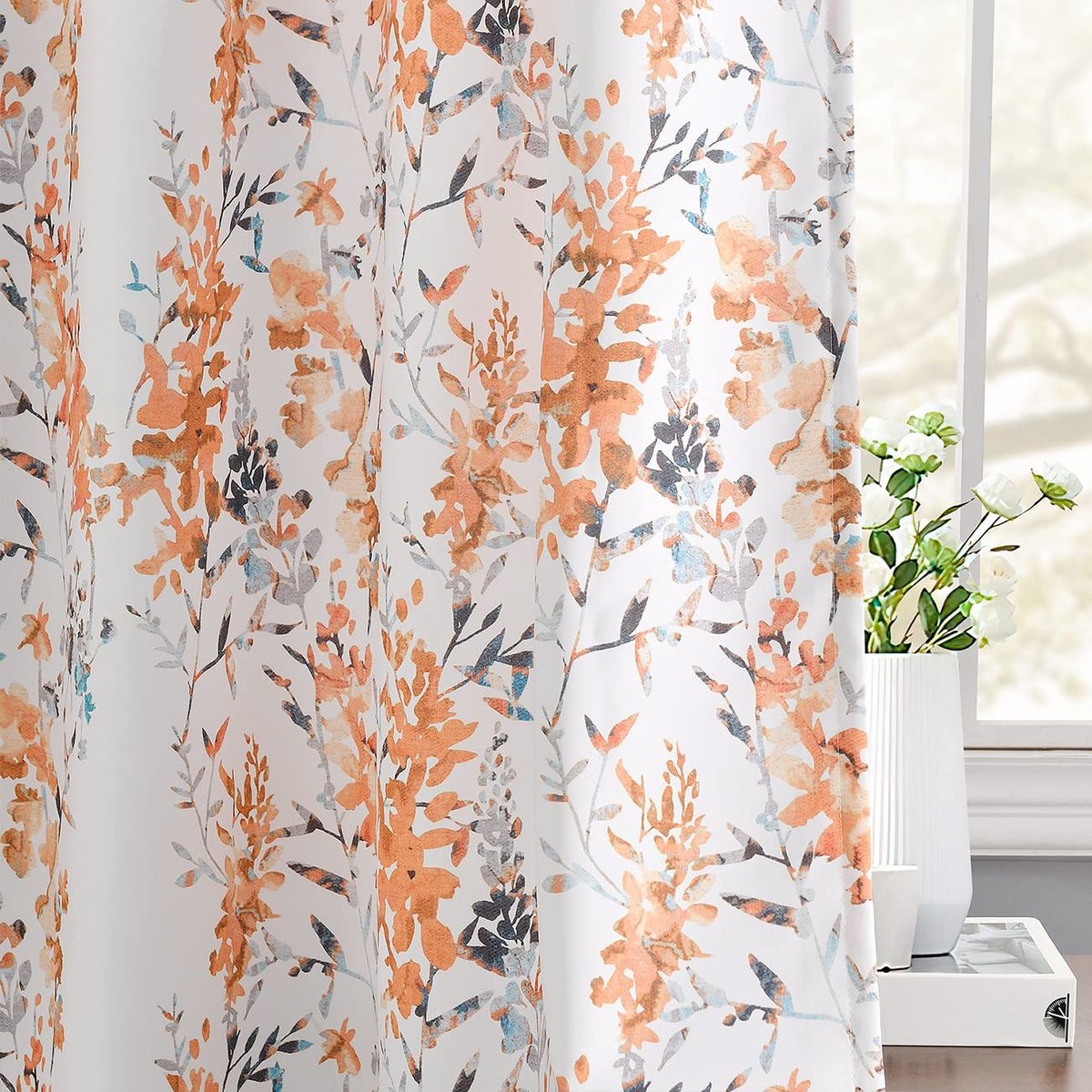 Omgoods - Vintage Bloemengordijnen Set van 2 - Oranje/Wit 52 x 84 inch