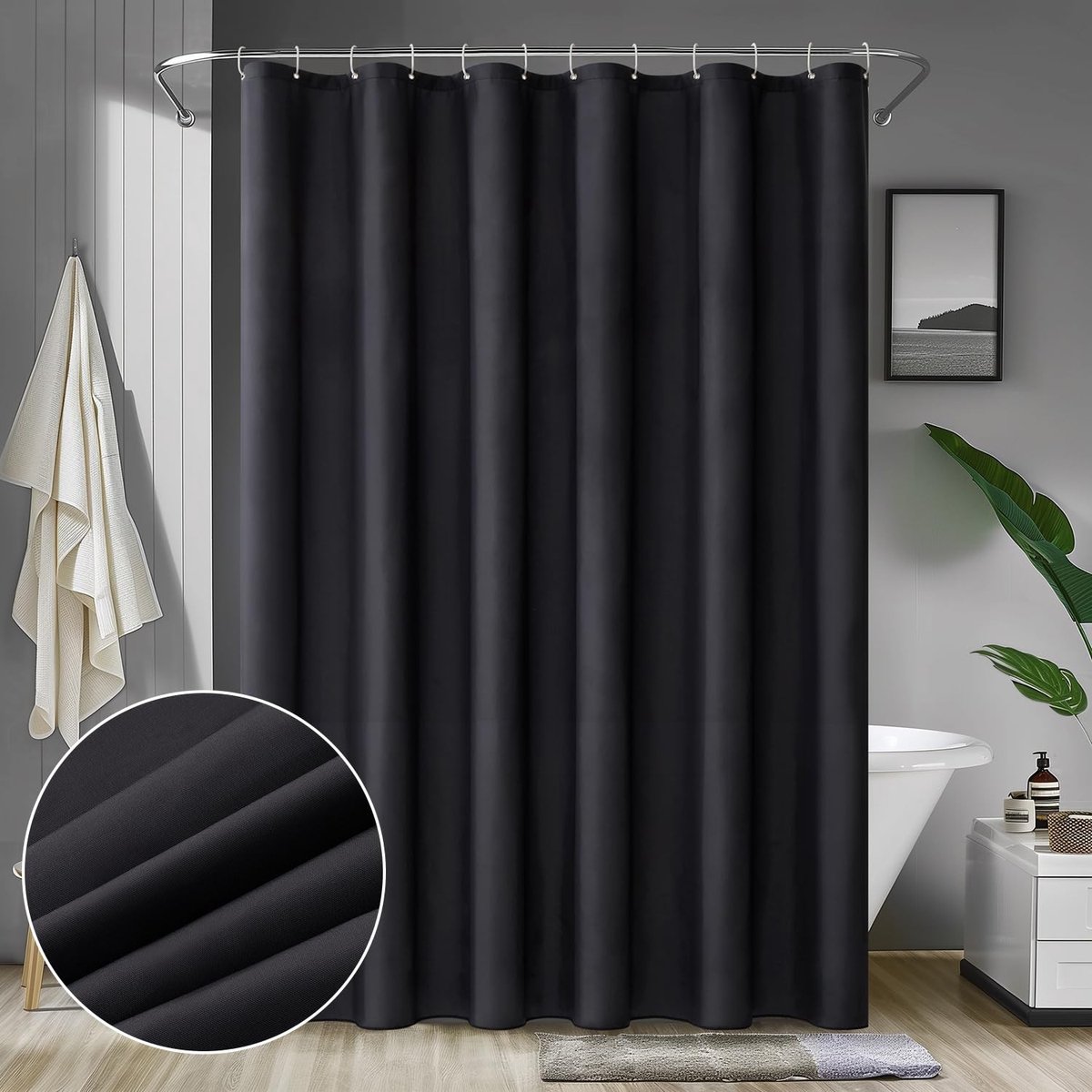 Omgoods - Douchegordijn 200 x 240 cm Zwart Waterproof met 14 Haakjes
