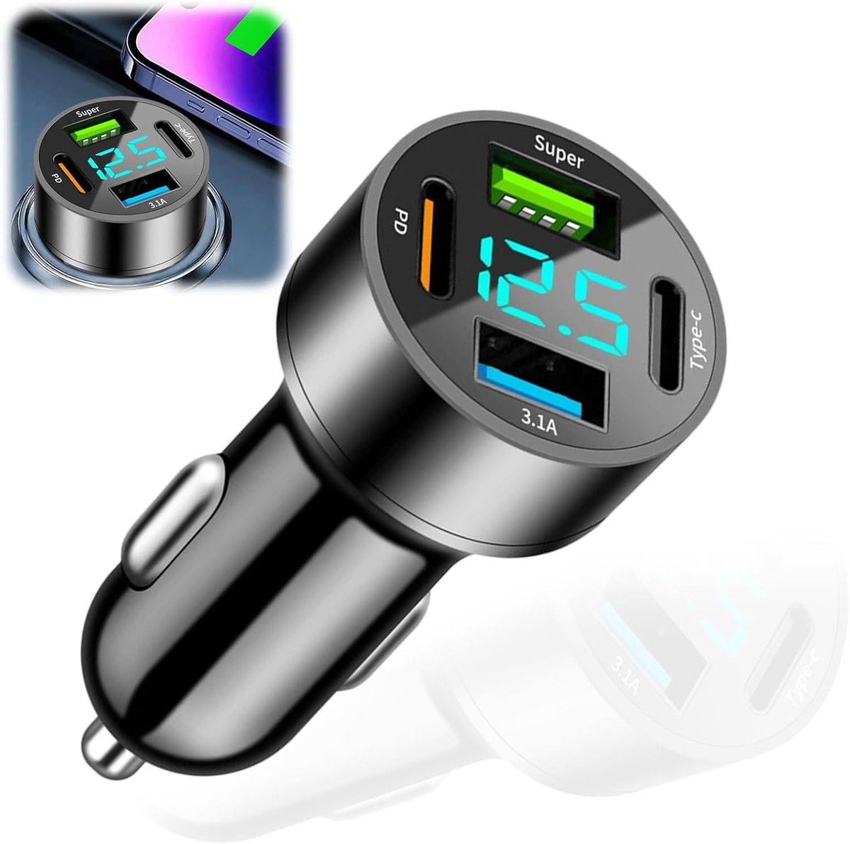 4-poorts USB C-oplader voor sigarettenaansteker in de auto, [PD30W+Type-c+Super+3.1A] | USB-stekker voor in de auto met led-voltmeter, snellaadadapter, compatibel met telefoon, Android, pad, compact en licht