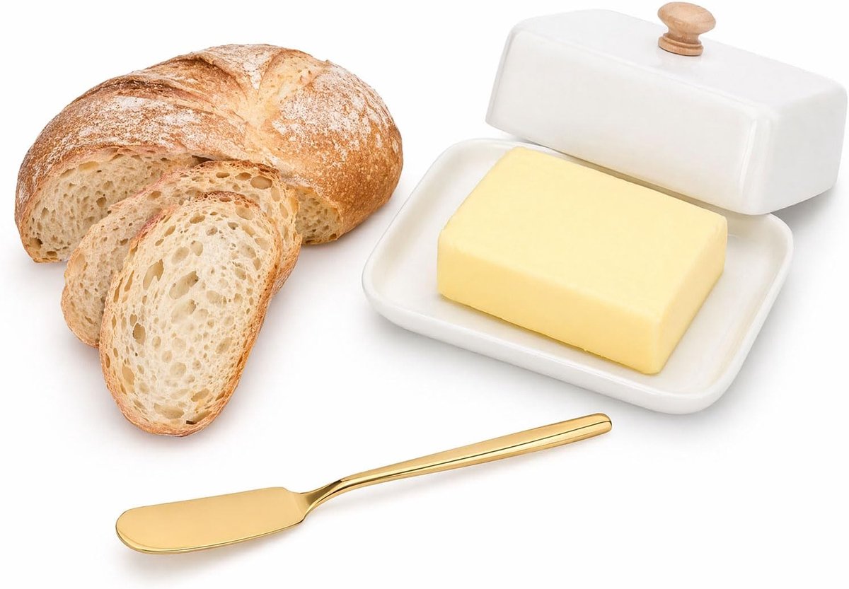 Botervloot met schraper, keramiek, botervloot, porselein, met deksel, vaatwasmachinebestendig, botervat, boterschaal, opslag, keramiek, modern, voor keuken en koelkast