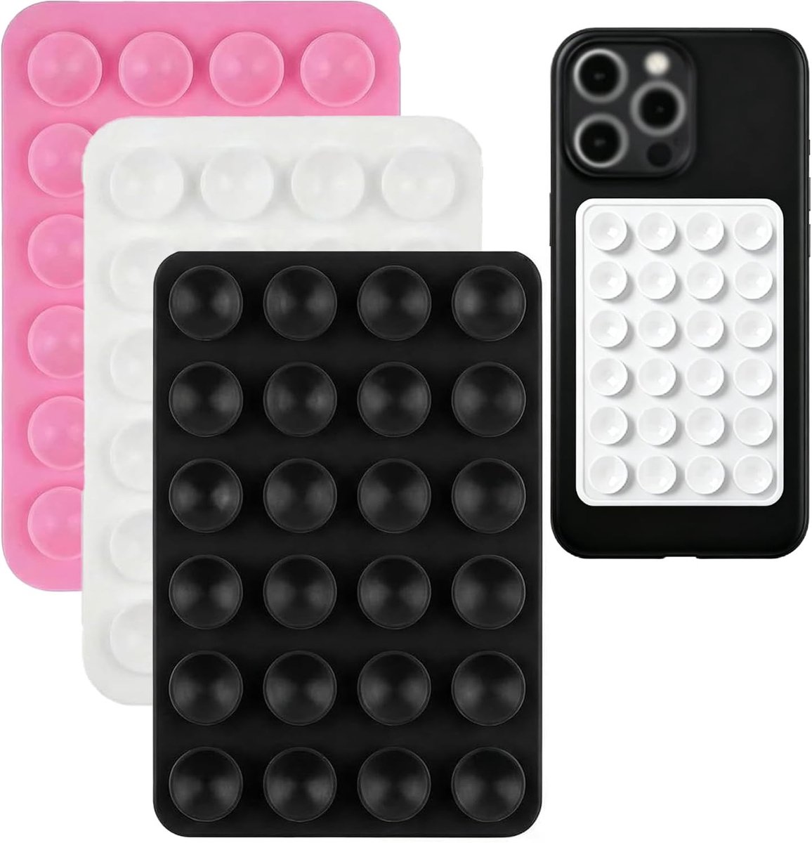 3 stuks siliconen mobiele telefoon zuignap houder, kleverige dubbelzijdige telefoon accessoires voor handsfree selfies en video's (wit, roze, zwart)