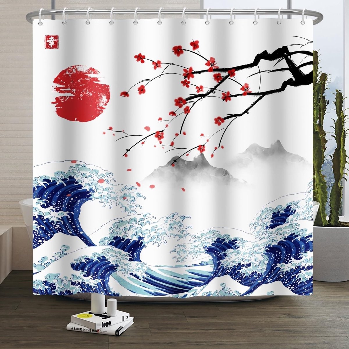 Omgoods - Traditionele Japanse Douchegordijn met Golven en Kersenbloesem - 180x180 cm