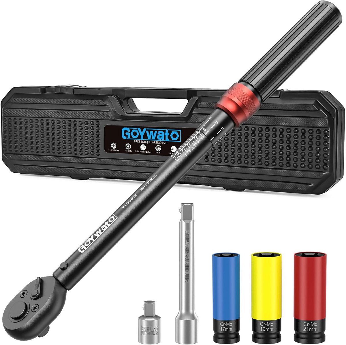 SnelShoppen - Momentsleutel 1/2 Inch 20-230 Nm - Torque Sleutel Auto Set 6-Delig, 72-Tanden Omkeerbare Rats, met Verlengstuk en 1/2"-3/8" Adapter & St