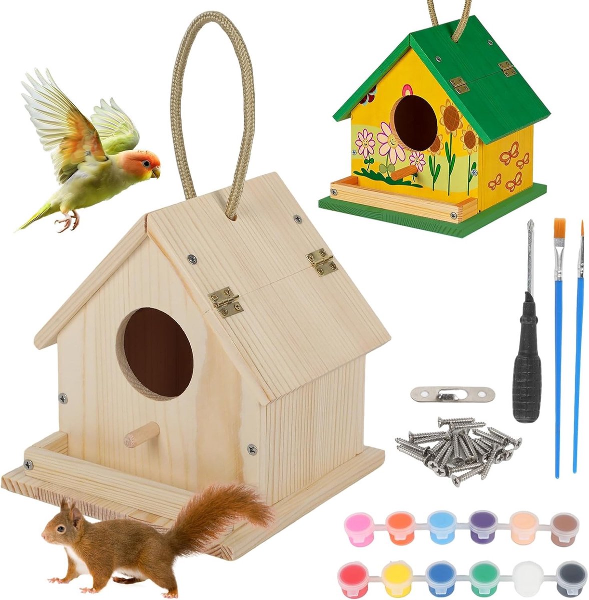 Houten vogelhuisje om te beschilderen, DIY vogelvoederhuis voor tuin en balkon, knutselset met 6 kleuren en bouwpakket voor vogels
