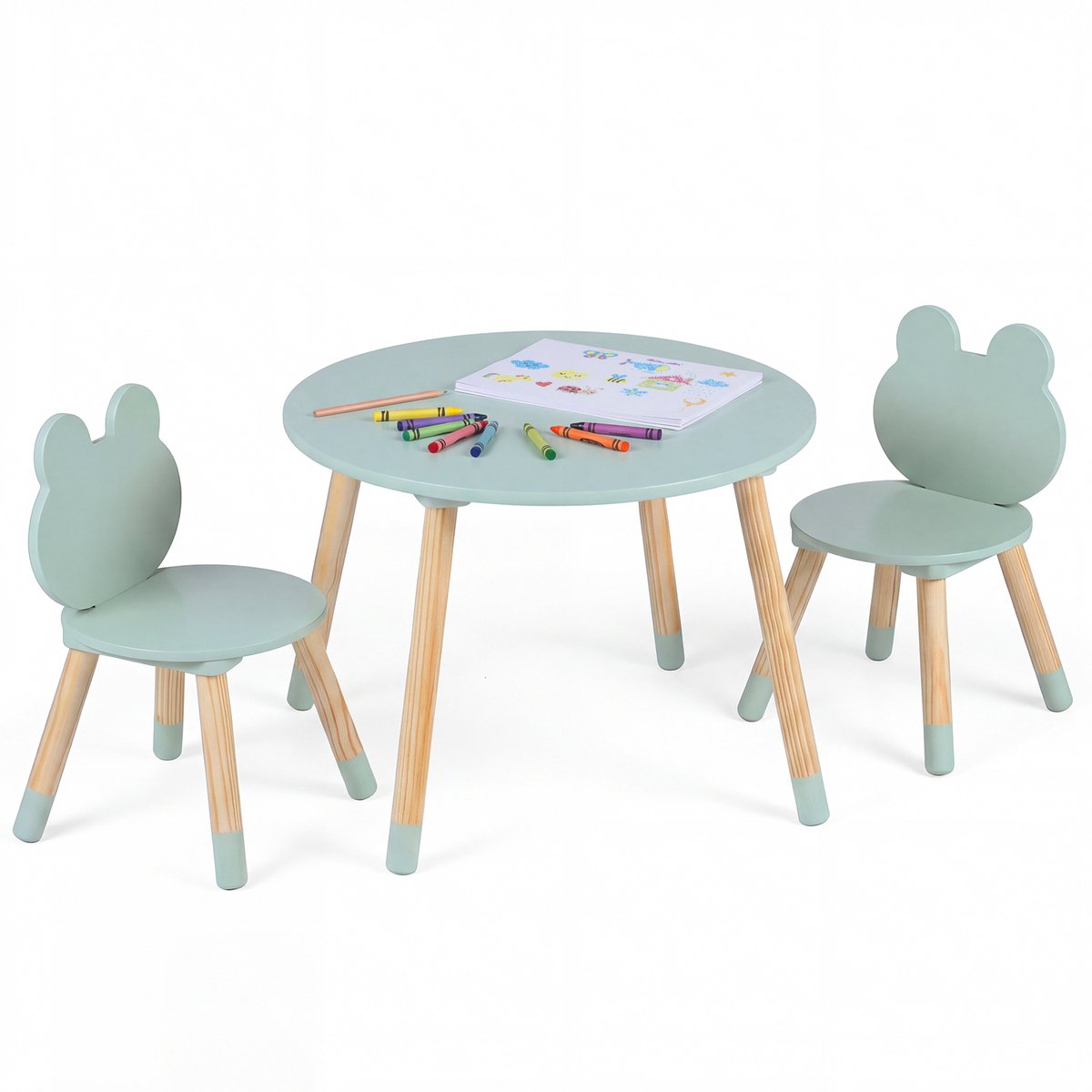 COSTWAY Kindertafel met 2 Stoelen in Kikker-vorm, 3-delige Kinderset met Pijnboomhouten Poten, Kinder Tafel Stoel Set Binnen, Ronde Tekentafel voor Kinderen vanaf 3 Jaar (Groen)