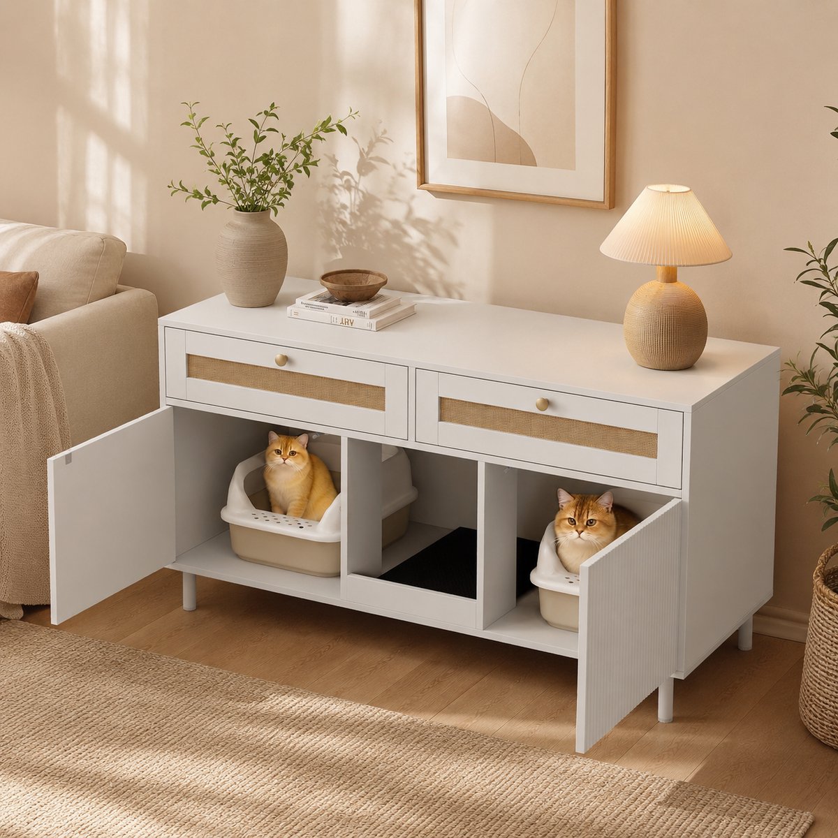 Kattenbak kast - 2-in-1 Kast - Kattenbak huis - Kattenhok - Dierenkast - Bijzettafel/tv-meubel - Met lades - Ontwerp met dubbele deur - Kattenbak niet inbegrepen - 120x50x65 cm - Wit
