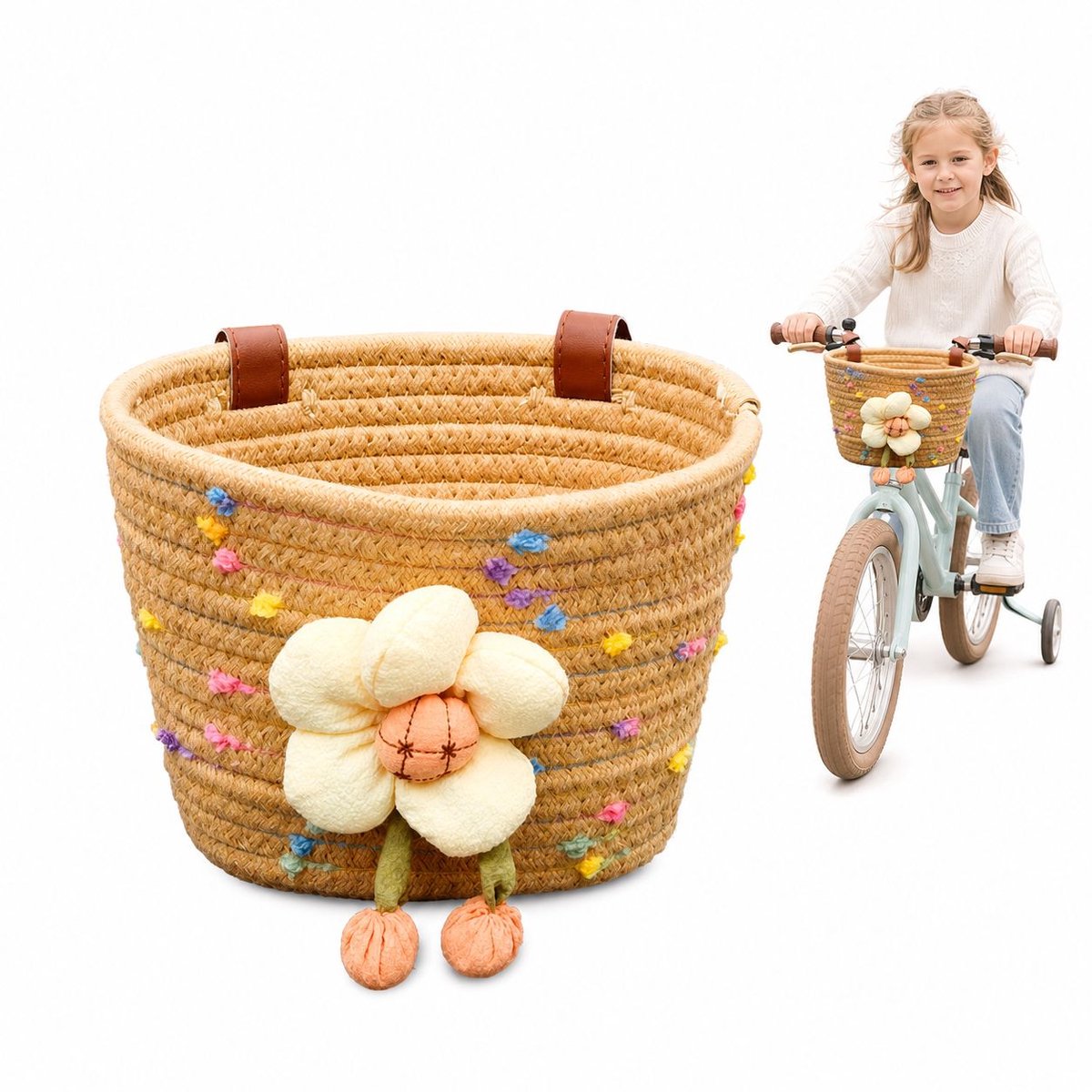 VHV-Fietsmand voor Kinderen - Khaki met Kleurrijke Stippen en Schattige Bloem Pluche Pop - Handgemaakte Rieten Fietsmand voor Kinderfiets en Loopfiets - Khaki