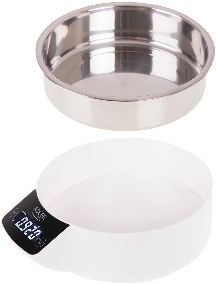 SnelShoppen - Digitale Keukenweegschaal met RVS Kom 900 ml, Maximaal Gewicht 5 kg, LCD Scherm, Nauwkeurigheid tot 1 g, Wit/Zilver, Voor Keuken en Koke