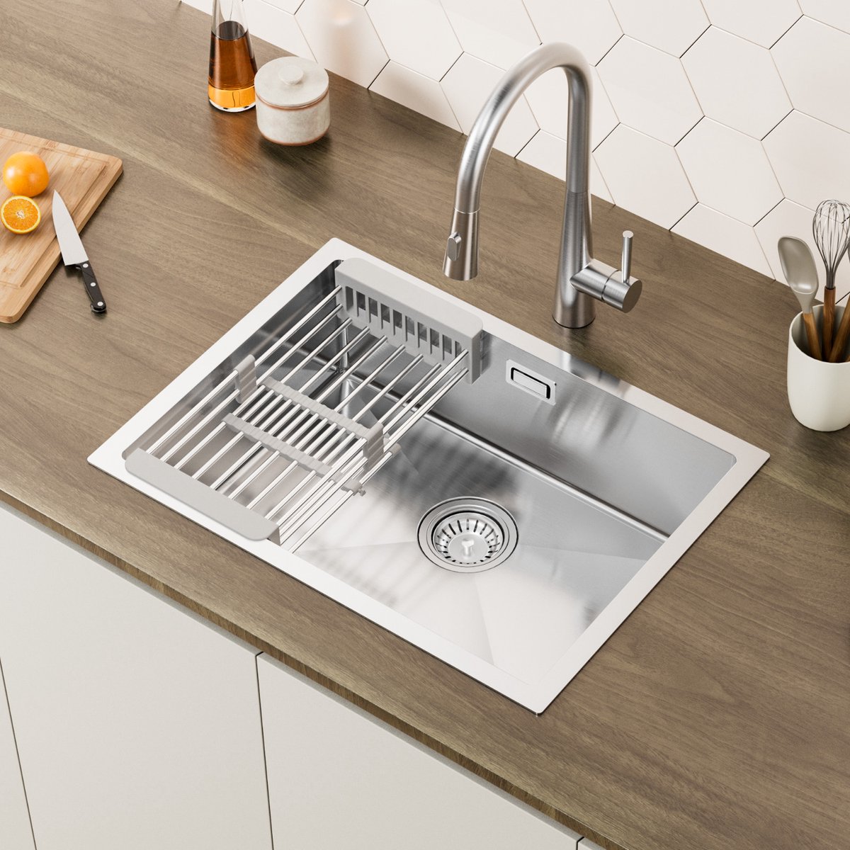 CECIPA Max Spoelbak RVS (60x44CM) - Spoelbak Keuken - Spoelbakken Keuken - Wasbak Keuken Met Verstelbaar Mandje - Met Afdruiprek