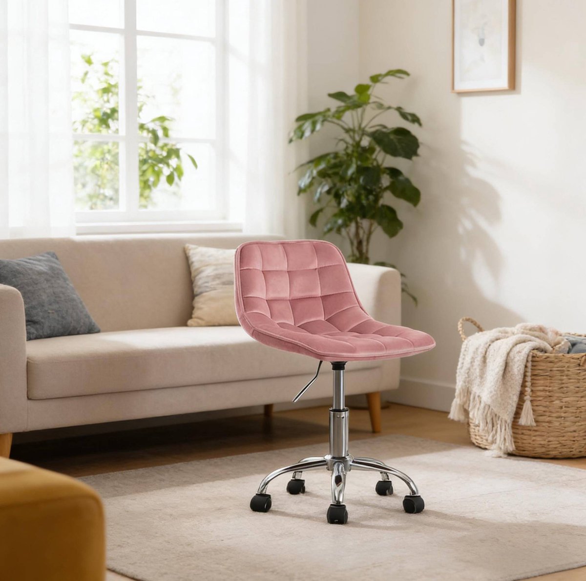REDOM - Bureaustoel met wielen - Verstelbare zithoogte en 360° draaibaar - Zonder armleuningen - Fluweel en metaal - Roze - 43 x 35,5 x 60-87,5 cm