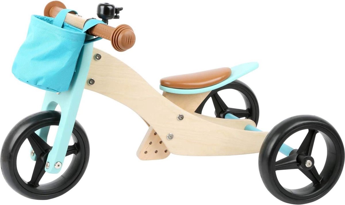 Houten Driewieler - Loopfiets - Kind Leren Fietsen - 2-in-1 Om te Bouwen - 48 cm Lengte - Turquoise