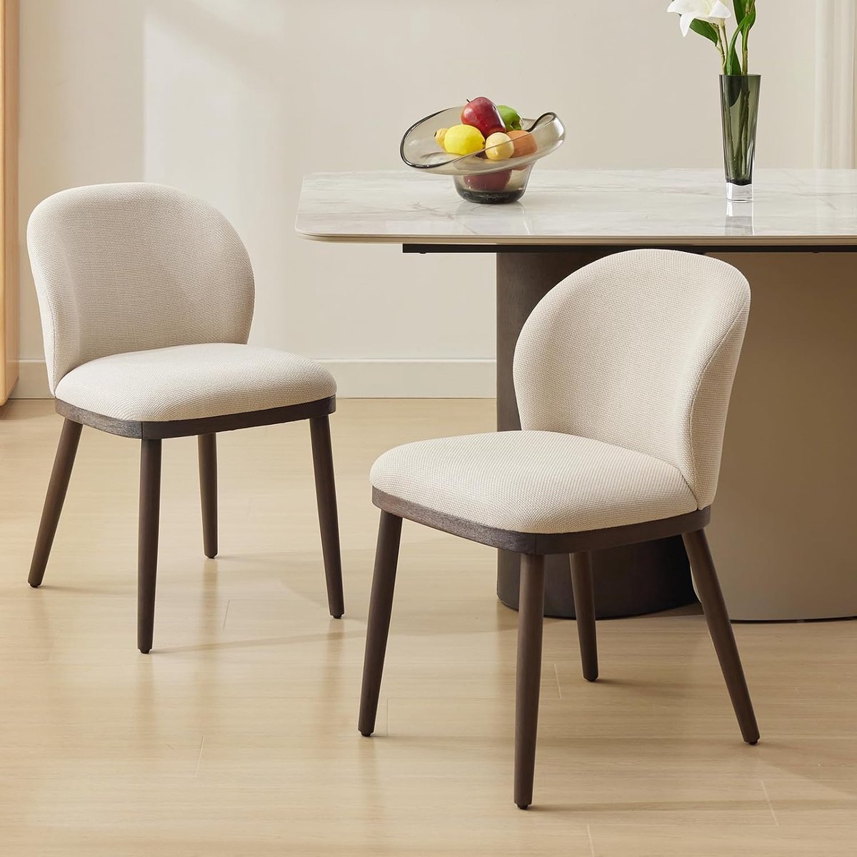 Gestoffeerde Eetkamerstoelen Set van 2 - Moderne Keukenstoelen met Houten Poten - Ergonomische Rugleuning & Comfortabele Zitting - Max. 120 kg - beige