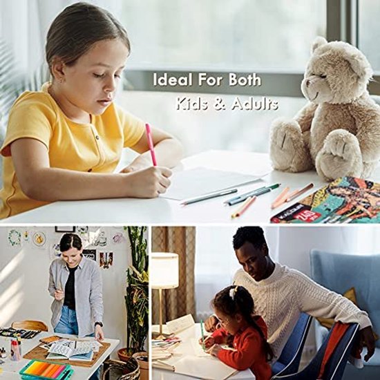 Kind en volwassene tekenen met een set potloden; "Ideal for both kids & adults" staat in beeld.