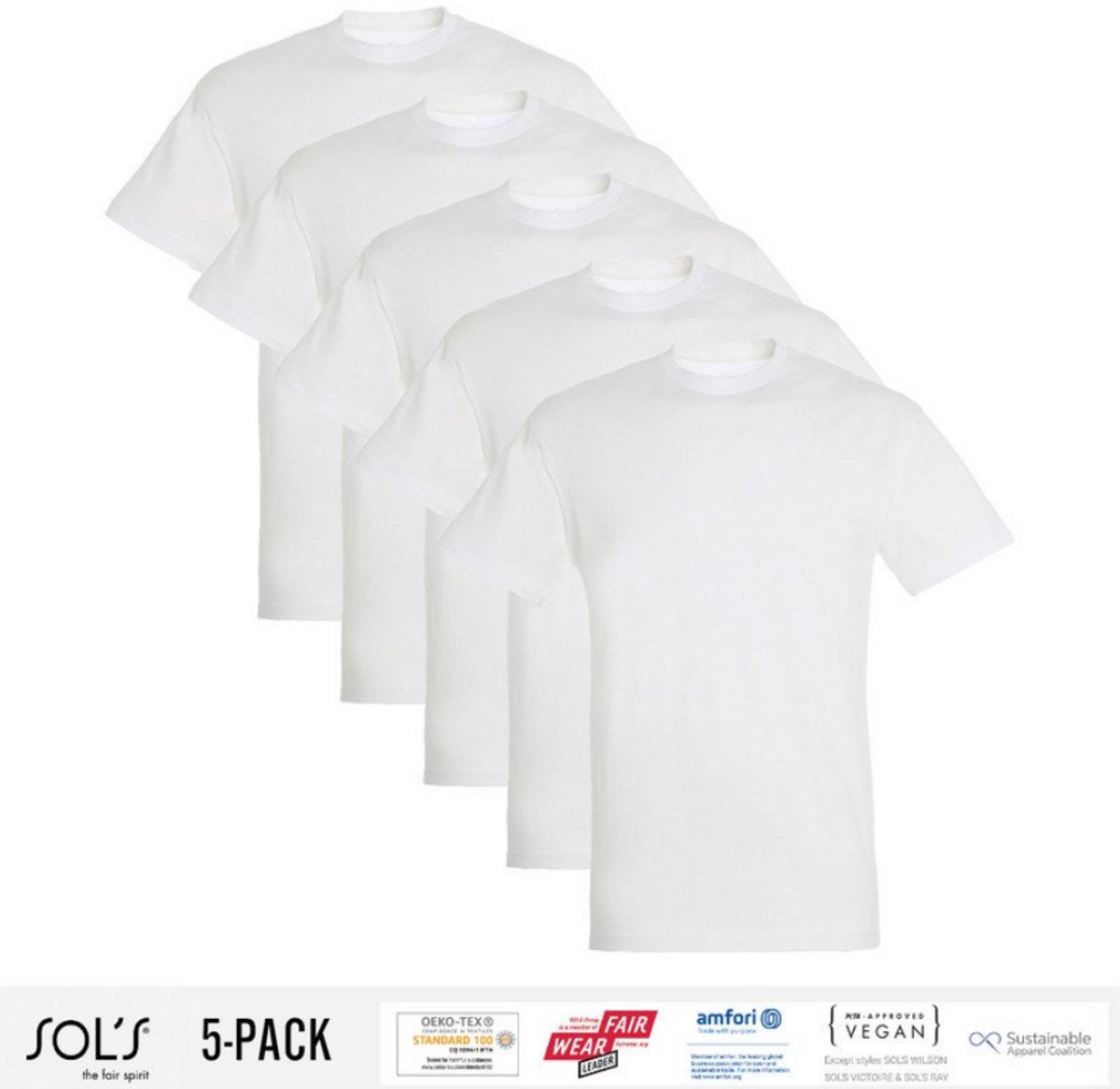 5 Pack Sol's Heren T-Shirt 100% biologisch katoen Ronde hals wit Maat 3XL
