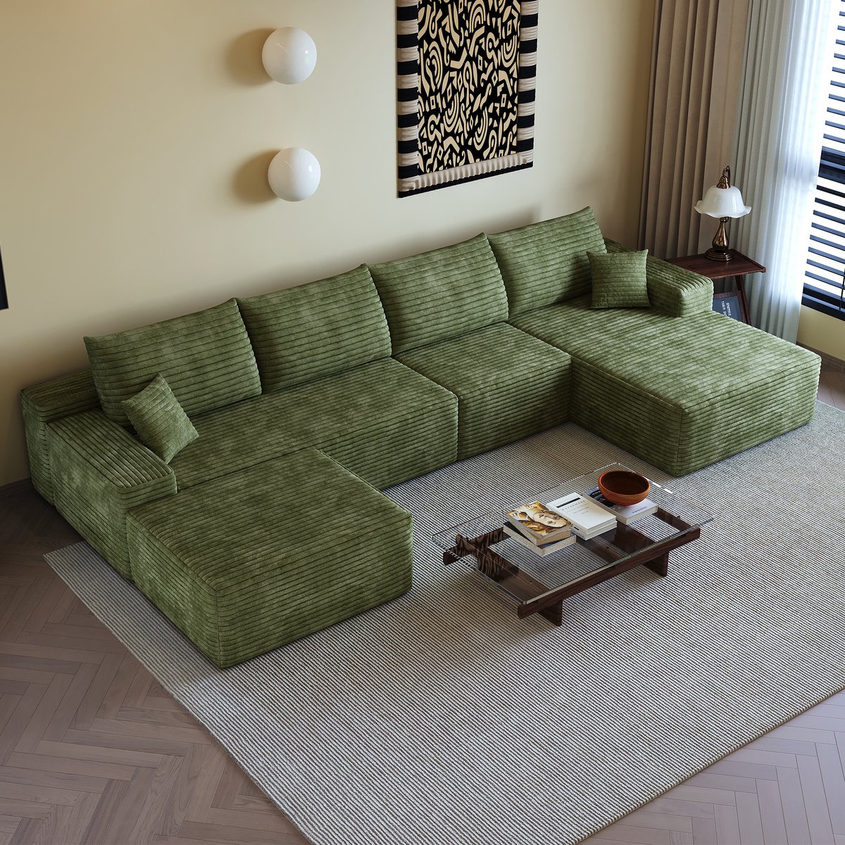 HAUSS SPOLE Hoekbank - Modulaire Bank Met L-vormige Chaise Longue - Diepe Zitting Zonder Montage - Voor Woonkamer En Slaapkamer - Corduroy Groen