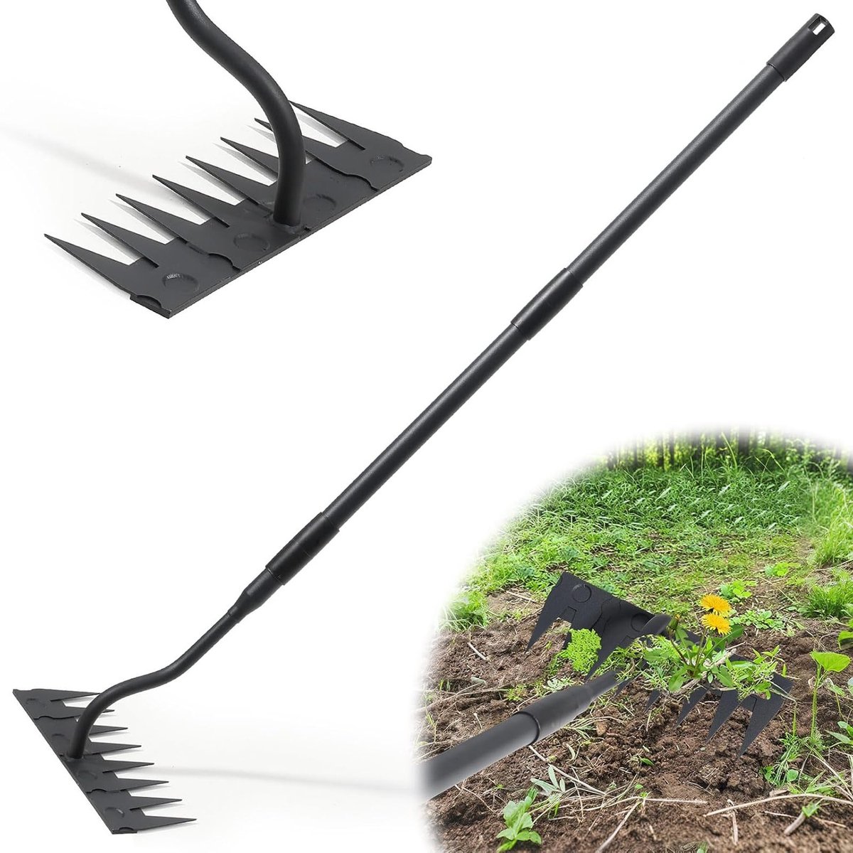 Robuuste tuinhark met 140 cm lange handgreep en 8 stevige tanden voor effectief wieden en losmaken van grond, ideaal tuingereedschap voor onkruidbestrijding