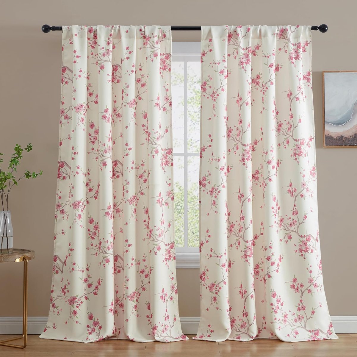 Gordijnen - Gordijnen met jasmijnmotief - Roze bloemengordijnen - Geschikt voor woonkamer en slaapkamer - 132 cm x 213 cm - 2 stuks