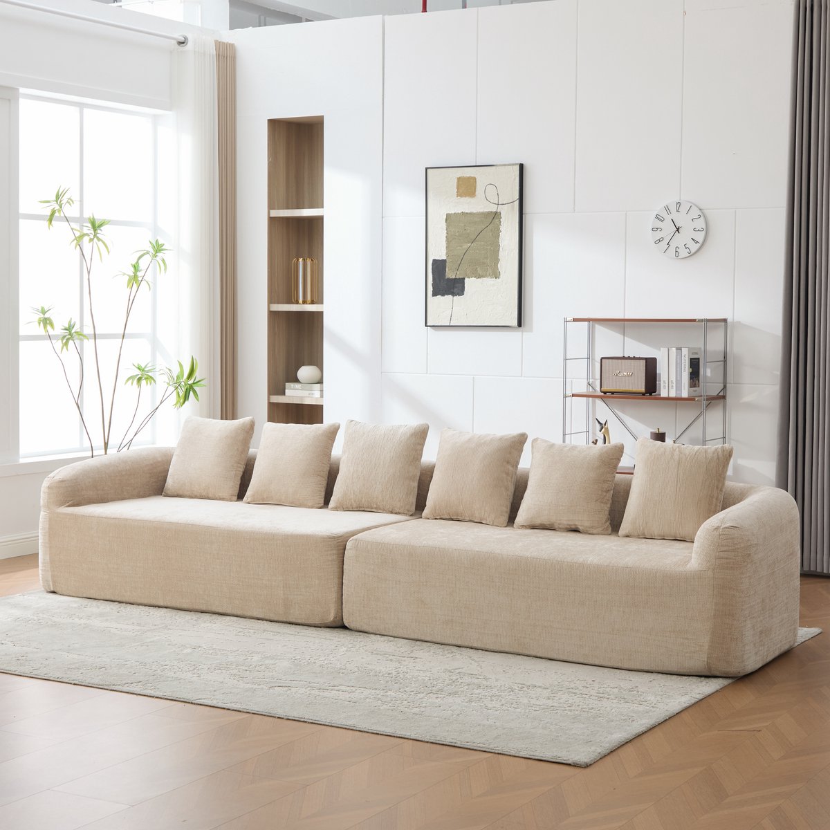 HAUSS SPOLE Zitbank - Modulaire Bank - 6-Zits Met Chaiselonguefunctie En Kussen - Voor Woonkamer En Slaapkamer - Chenille Light Khaki