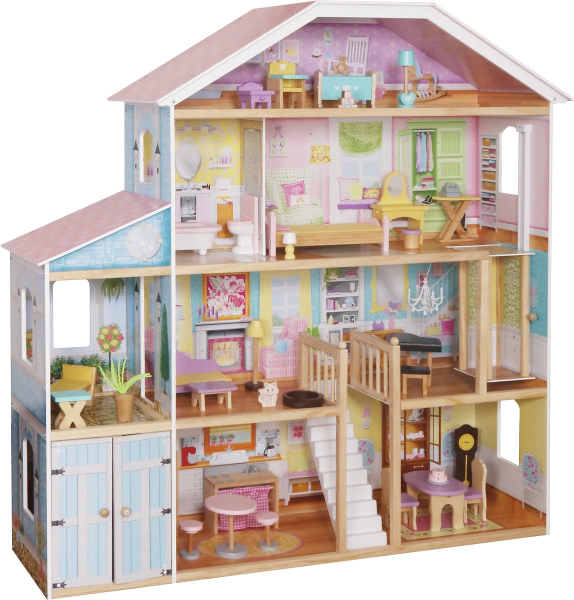 Rijoka Houten Poppenhuis Mansion Villa XXL - Inclusief Meubelset 28pcs - 98x32x123cm - 4 Verdiepingen