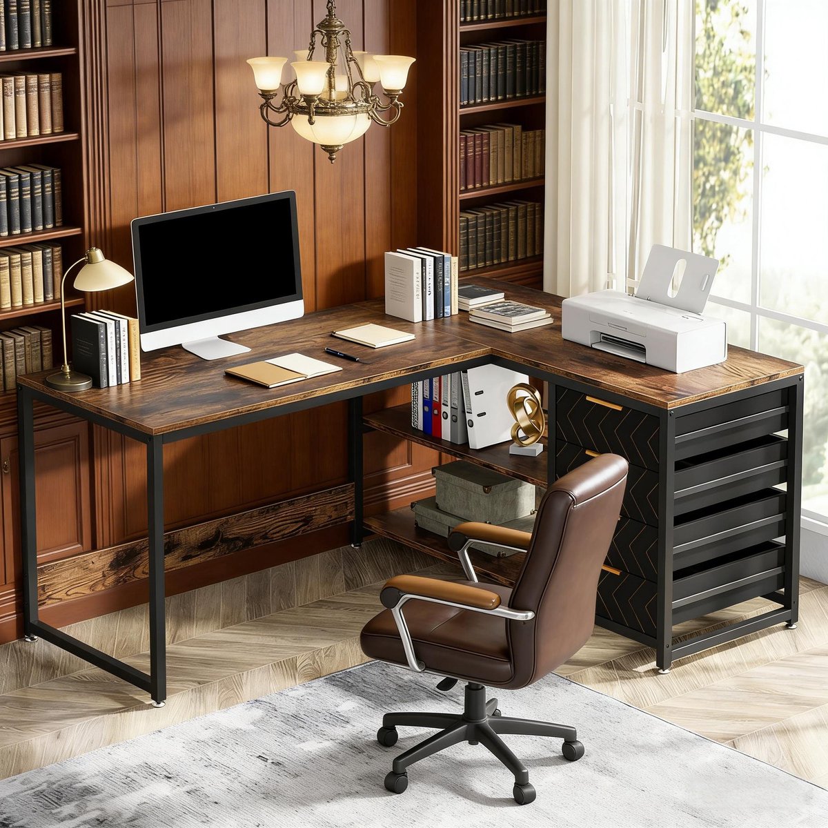 MODENUIT Hoekbureau - L-Vormig Met 4 Lades En Plank - Voor Thuiskantoor - Metaal En Hout - Zwart Bruin