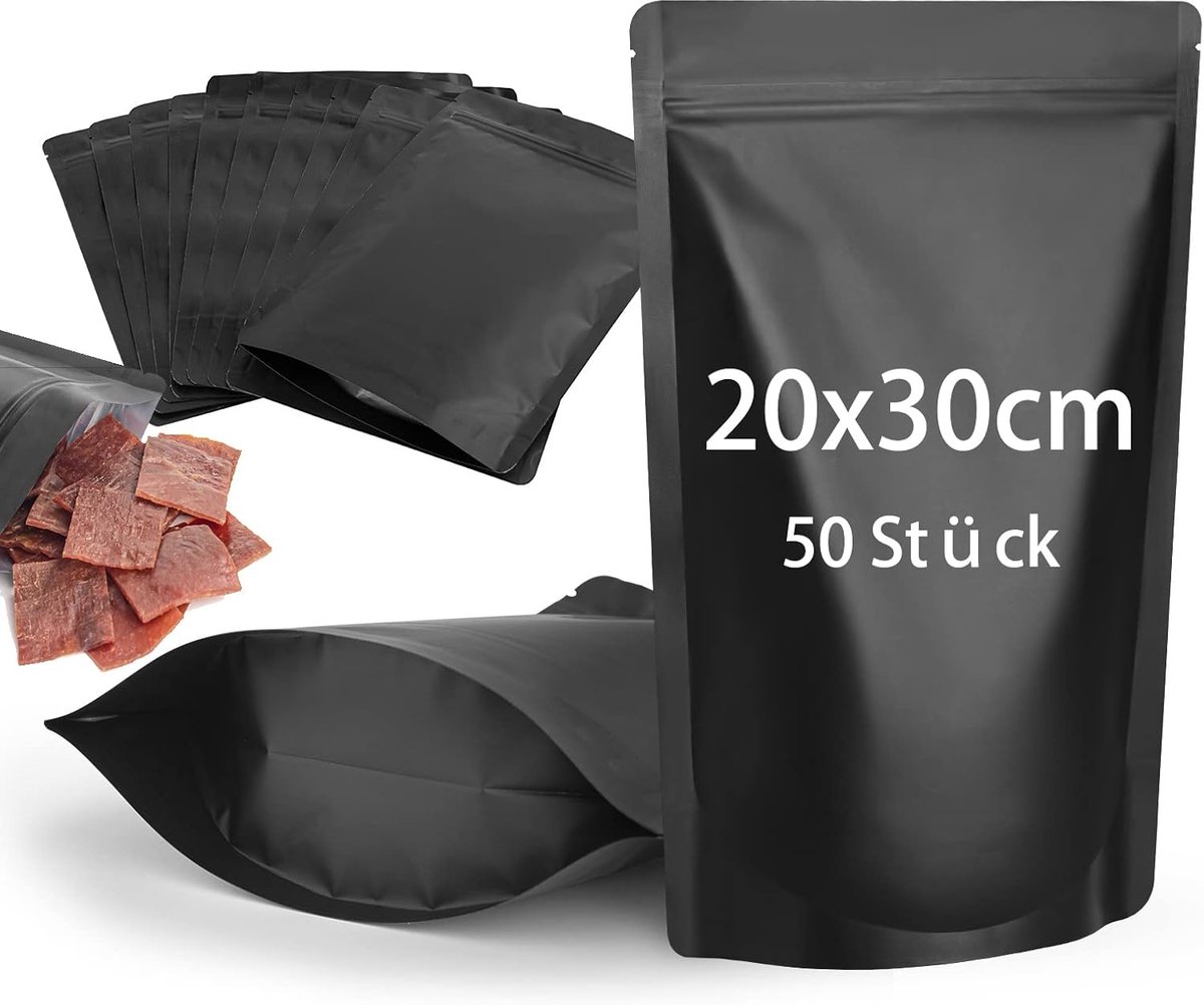 SnelShoppen - 50 Pack Resealable Mylar Pouches Zip Foil Bag Food Storage Matte Aluminium Foil Heat Sealed Zakken Zwart 20x30cm voor Keuken, Camping, F