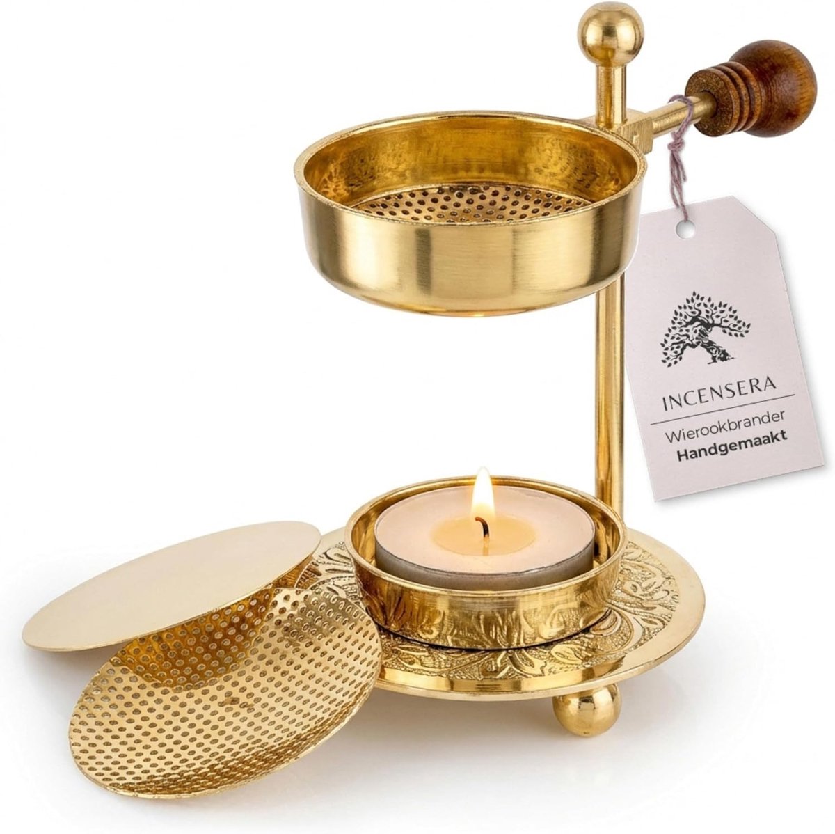 SnelShoppen - Wierookbrander Goud met Houten Handvat, Wierookzeef en Rookplaat voor Feest, Meditatie en Ontspanning