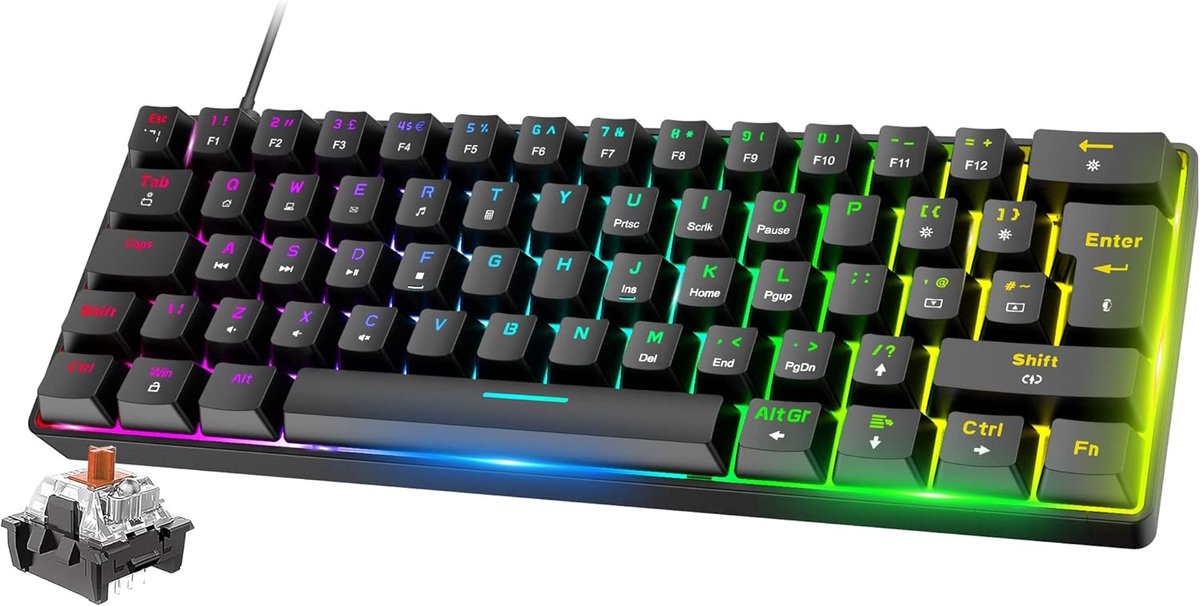 SnelShoppen - Mini 60% RGB Gaming Keyboard, Compact 62 Keys Mechanisch Toetsenbord met Brown Switch, 18 RGB LED Chroma Verlichting, UK Layout, Afneemb