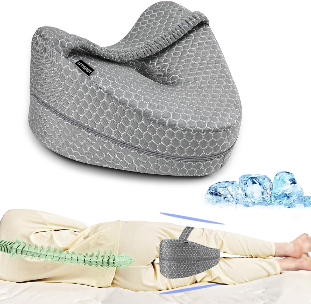SnelShoppen - Ergonomisch Kniekussen voor Zijslapers, Geheugenfoam Leg Pillow met Koelende Hoes, Steunpad voor Verbeterd Slaapcomfort, Grijs