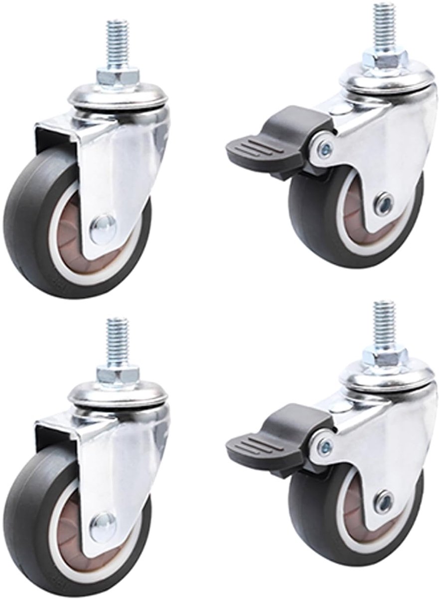 SnelShoppen - Swivel Castors voor Meubels M8 - 4 Stuks - 2 Wielen met Rem en 2 Zonder Rem - 360° Draaibaar - Antislip Rubber Wielen voor Binnen & Buit