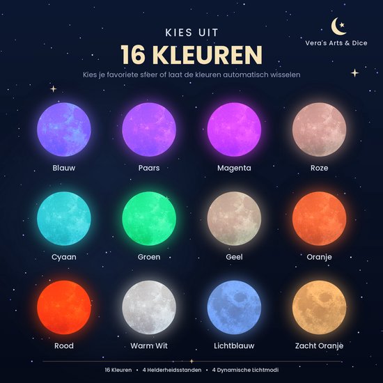 Maan Lamp - Vera's Arts & Dice - 16 Verschillende Kleuren - Planeet Lampen - Moon Lamp - LED Lamp - Oplaadbaar Dimbaar Stroboscoop Effect Afstandsbediening - 3D Print Handmade - Lampen Sfeerverlichting - Slaapkamer Woonkamer Kinderkamer van Vera's Arts & Dice — afbeelding 4