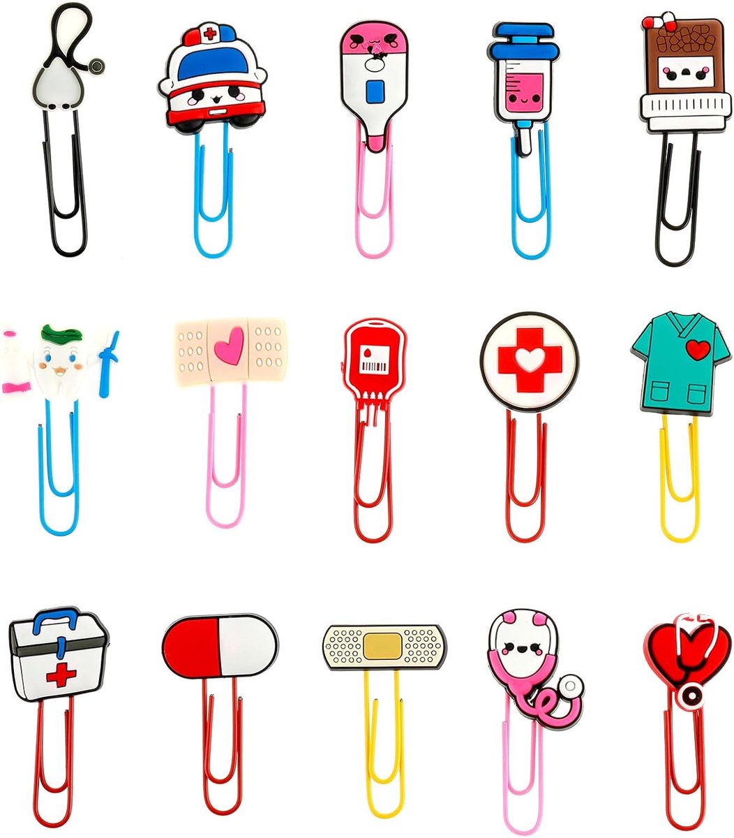 SnelShoppen - 15 Stuks Kleurige Medische Paperclips - Schattige Memo Clips en Boekenleggers voor Verpleegkundigen, Dokters, Kantoor en Kinderen - Perf