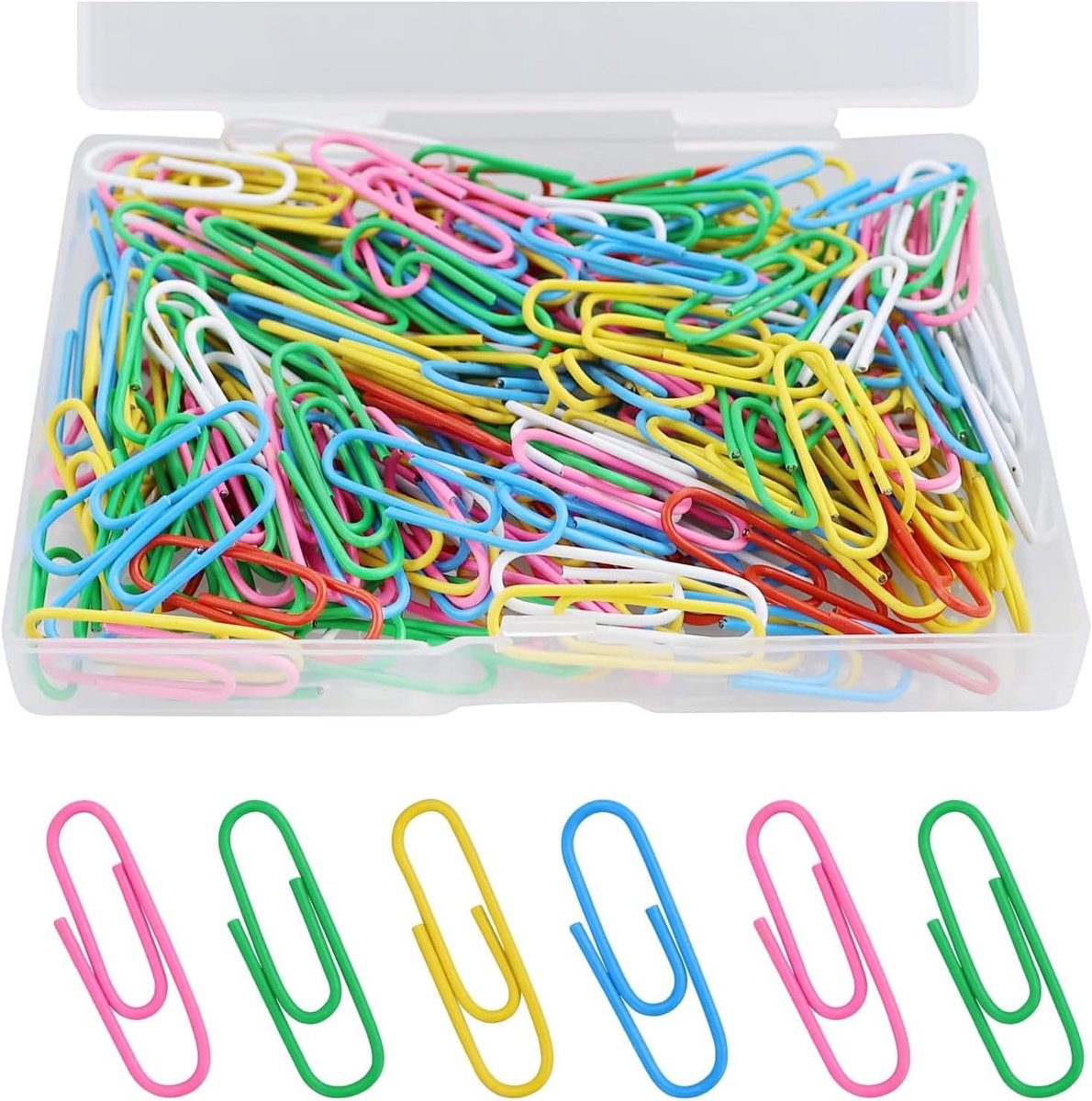 SnelShoppen - 200 Stuks Gekleurde Plastic Paper Clips 28mm, Assorted Kantoorbenodigdheden in Vierkante PP Box, Duurzame Document Clips voor Organisere