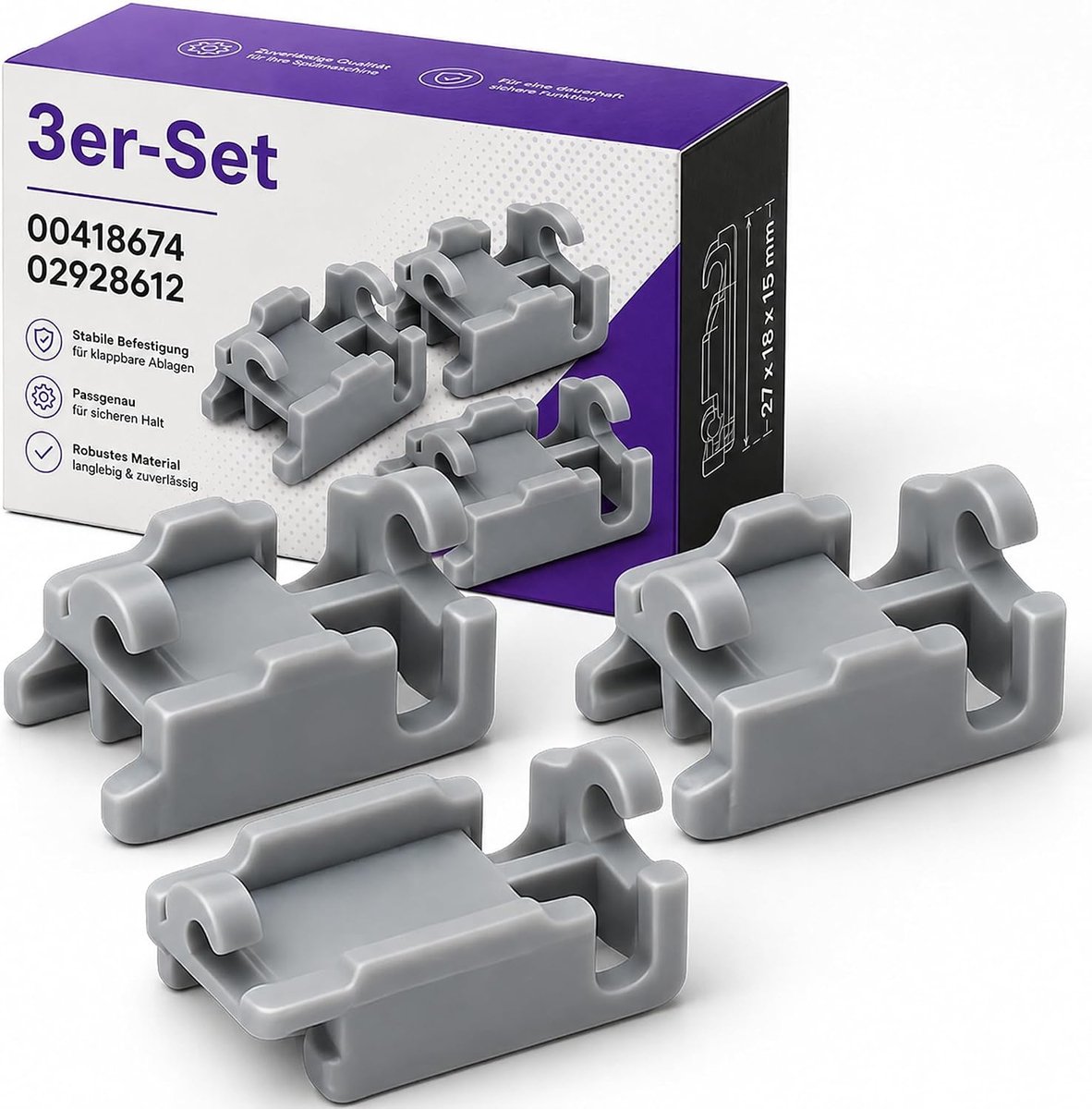 SnelShoppen - Set van 3 Vaatwasser Lagers Bovenste Mandplank 00418674 Duurzaam Kunststof Grijs 27mm x 18mm x 15mm Geschikt voor Keuken en Huishouden