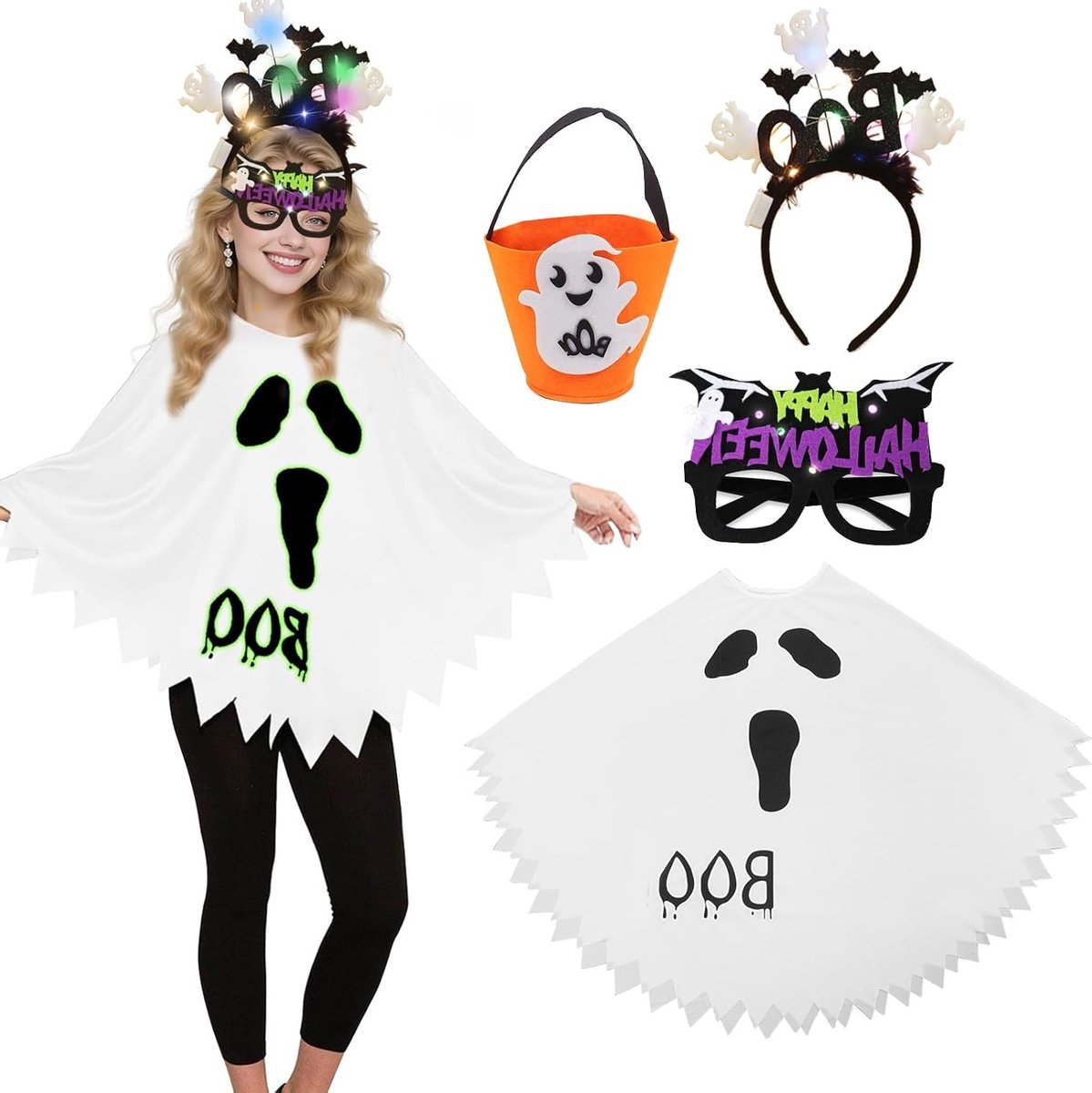 Grappig pompoen kostuum voor dames met pompoenhoed, snoepzak en bril voor Halloween en carnaval, ideaal voor feesten en cosplay