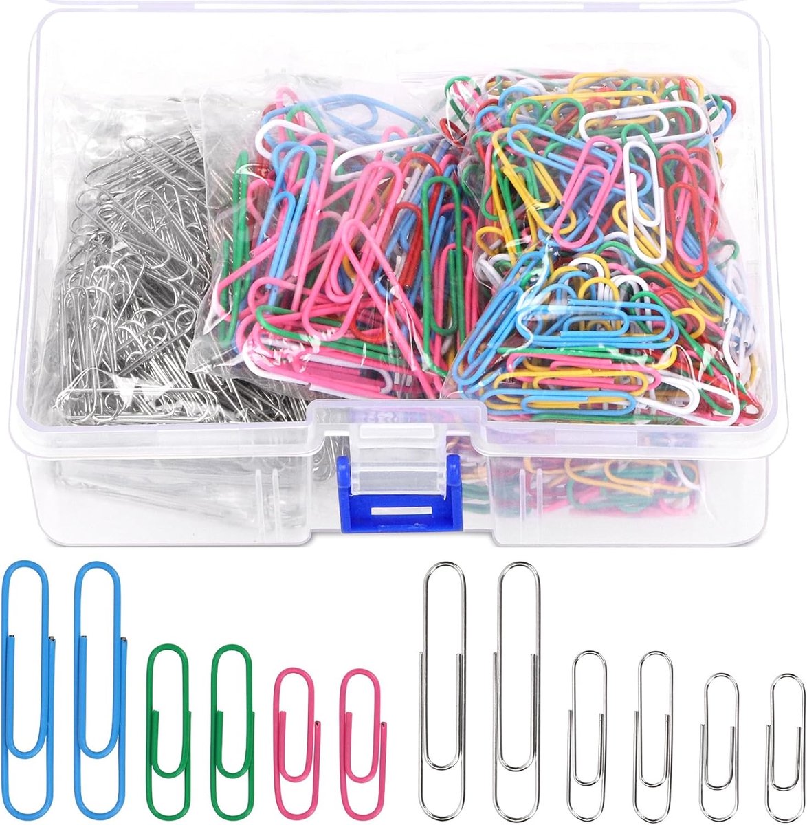 SnelShoppen - 900 Stuks Paperclips Set - 2.5 cm, Gekleurde en Zilveren Coated Metalen Paperclips, Klein, Middelgroot en Groot, Herbruikbaar voor Organ