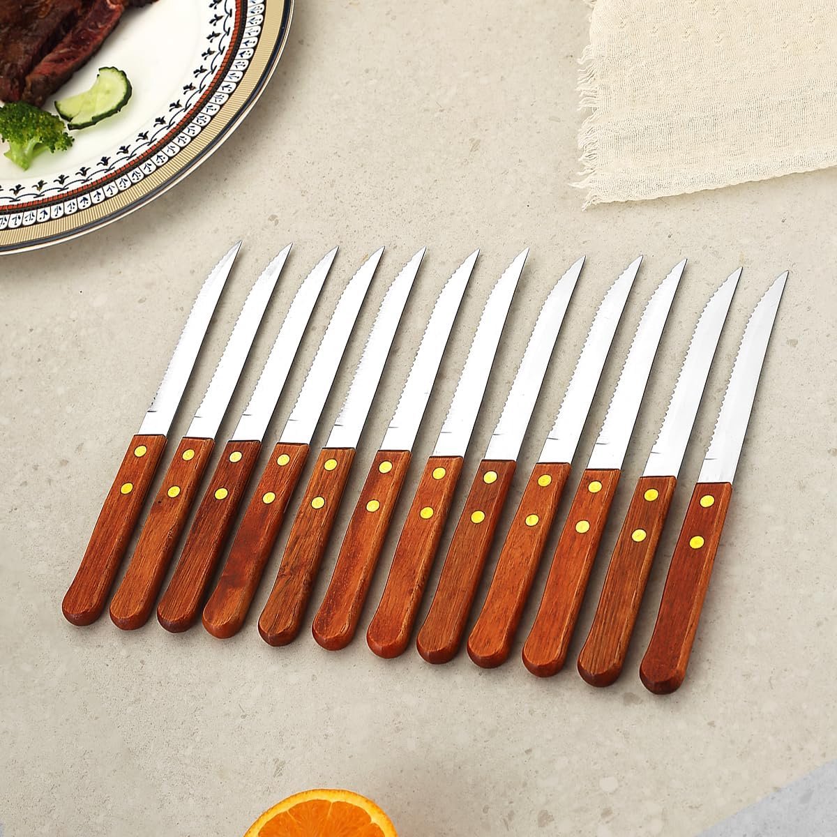 SnelShoppen - Steakmessen set van 12 - Hoogwaardige RVS steakmessen met houten handvat - Ideaal voor thuis, restaurant, barbecue, bruiloften en kamper