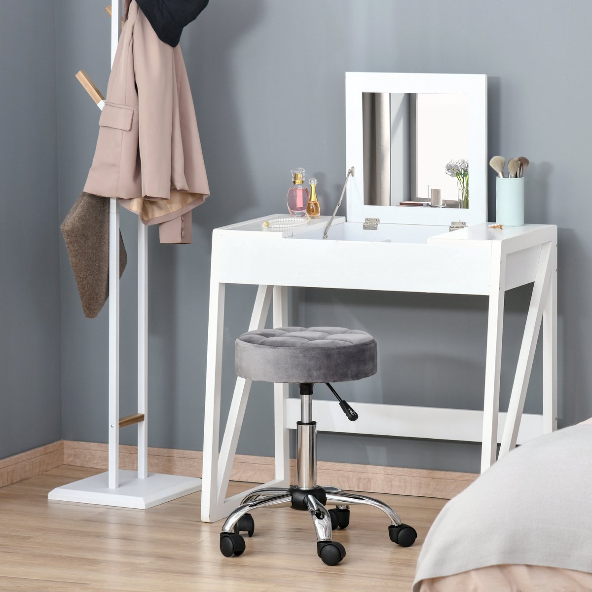DESMIU Bureaukruk 48 x 49 tot 61 cm - In Hoogte Verstelbaar en Draaibaar Met Wielen - Voor Salon en Keuken - Polyester Grijs