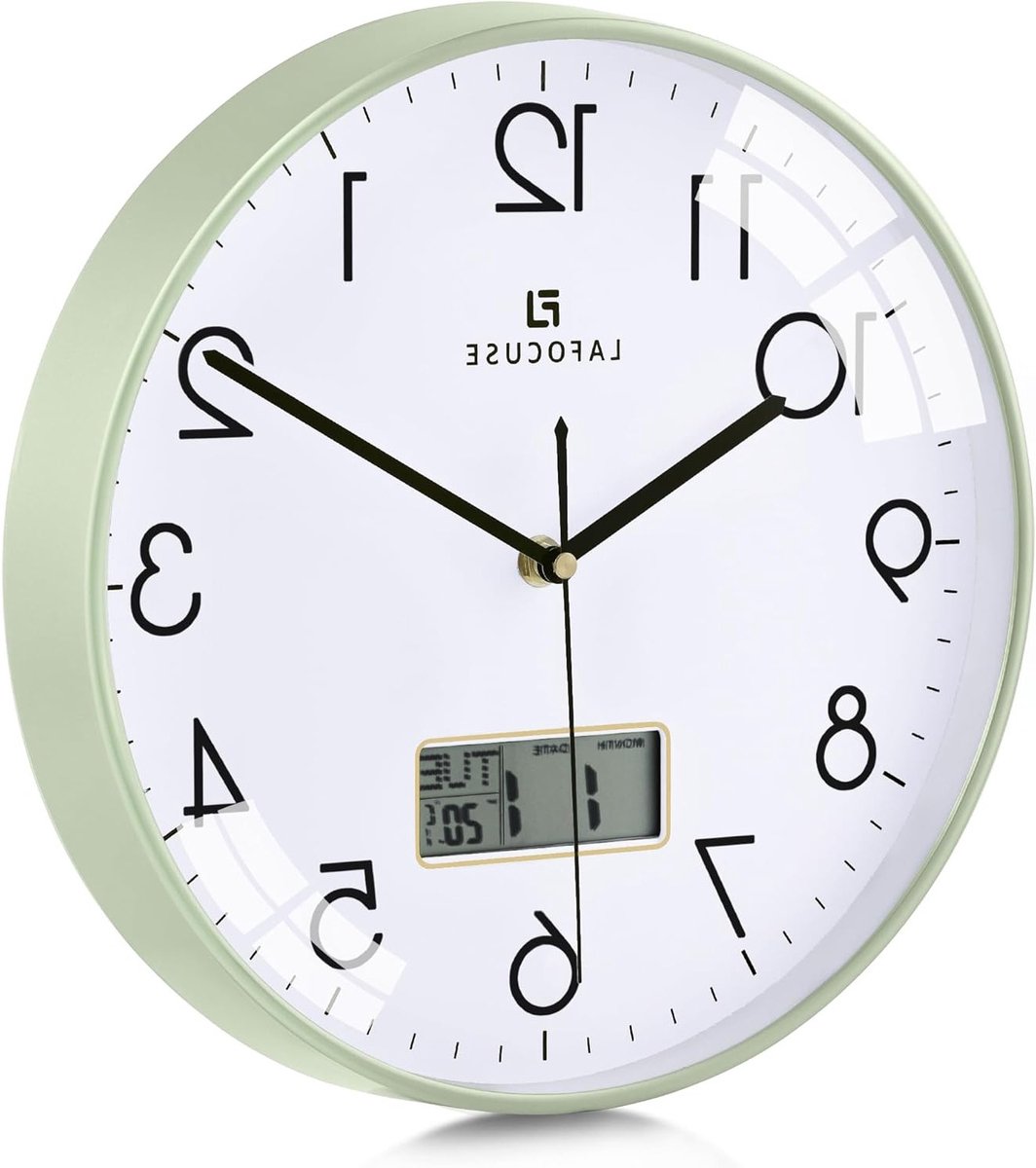 Stille Wandklok met Kalender en Thermometer, Digitale LCD Klok voor Woonkamer, Slaapkamer en Keuken, 30 cm, Modern Design, Datum en Dag van de Week