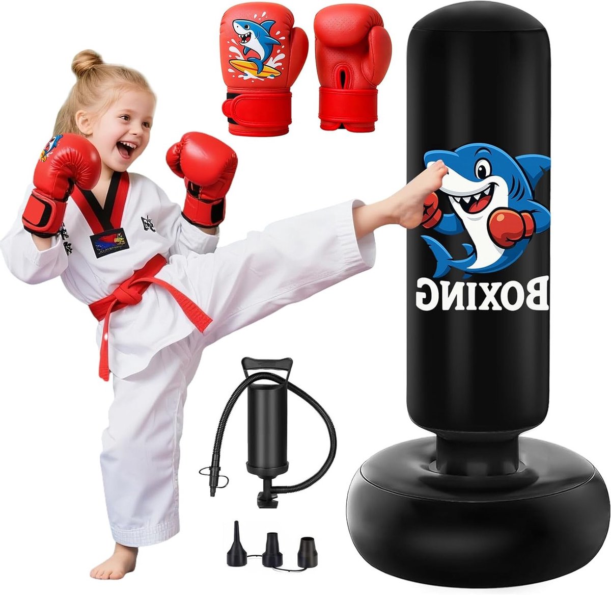 Opblaasbare Bokszak voor Kinderen van 3 tot 8 Jaar, 130 cm Hoog, Inclusief Bokshandschoenen, Ideaal voor Karate, Kickboksen en Taekwondo Training