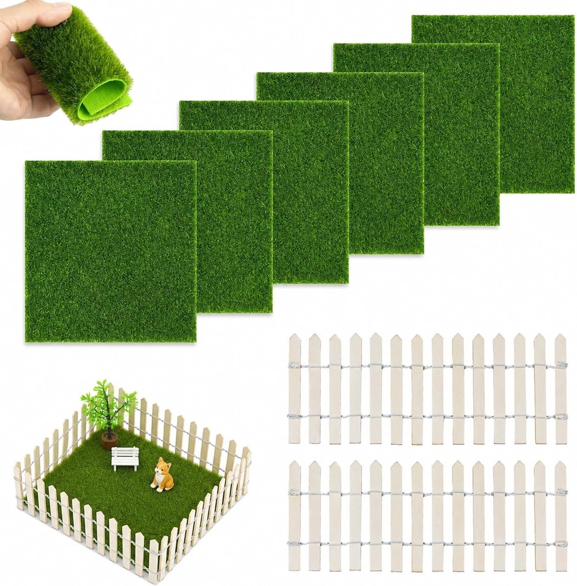 Miniatuur Kunstgras Set voor Diorama's en Mini Tuinen, 8-delige Set met Kunstgras en Tuinhek voor Binnen en Buiten Gebruik, Creatieve Decoratie en Speelgoed