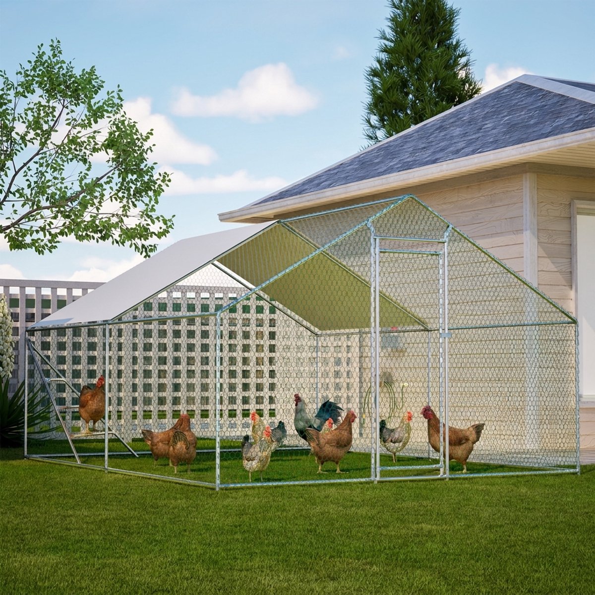 Kippenren 3x4m - Metalen Volière - Kippenhok Buiten - Dierenren Metaal - Met Dak - Veiligheidsslot - Waterdicht - Stevig - Tuin - Klimrek - Silver
